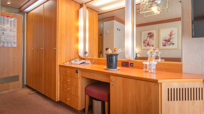 Cruise ship cabin desk area