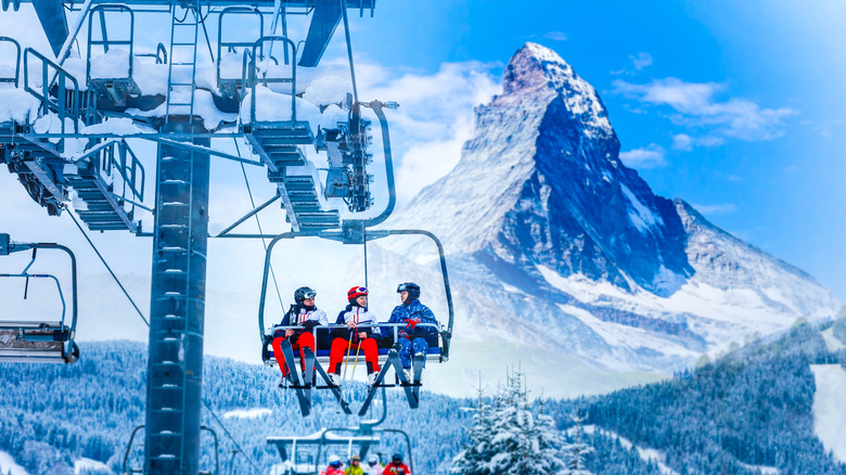 skiers on lift by Matterhorn
