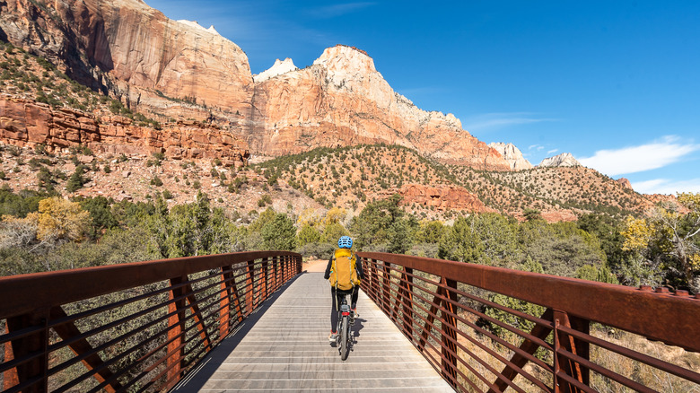 Woman biking across a bridge in front of cliffs at Zion National Park