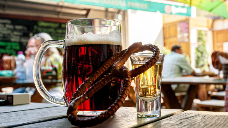 Beer and pretzel in Prague beer hall